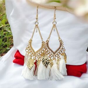 White Boho Wedding Fringe Tassel Gold Dangle Chandelier Leaf Earrings Jewelry